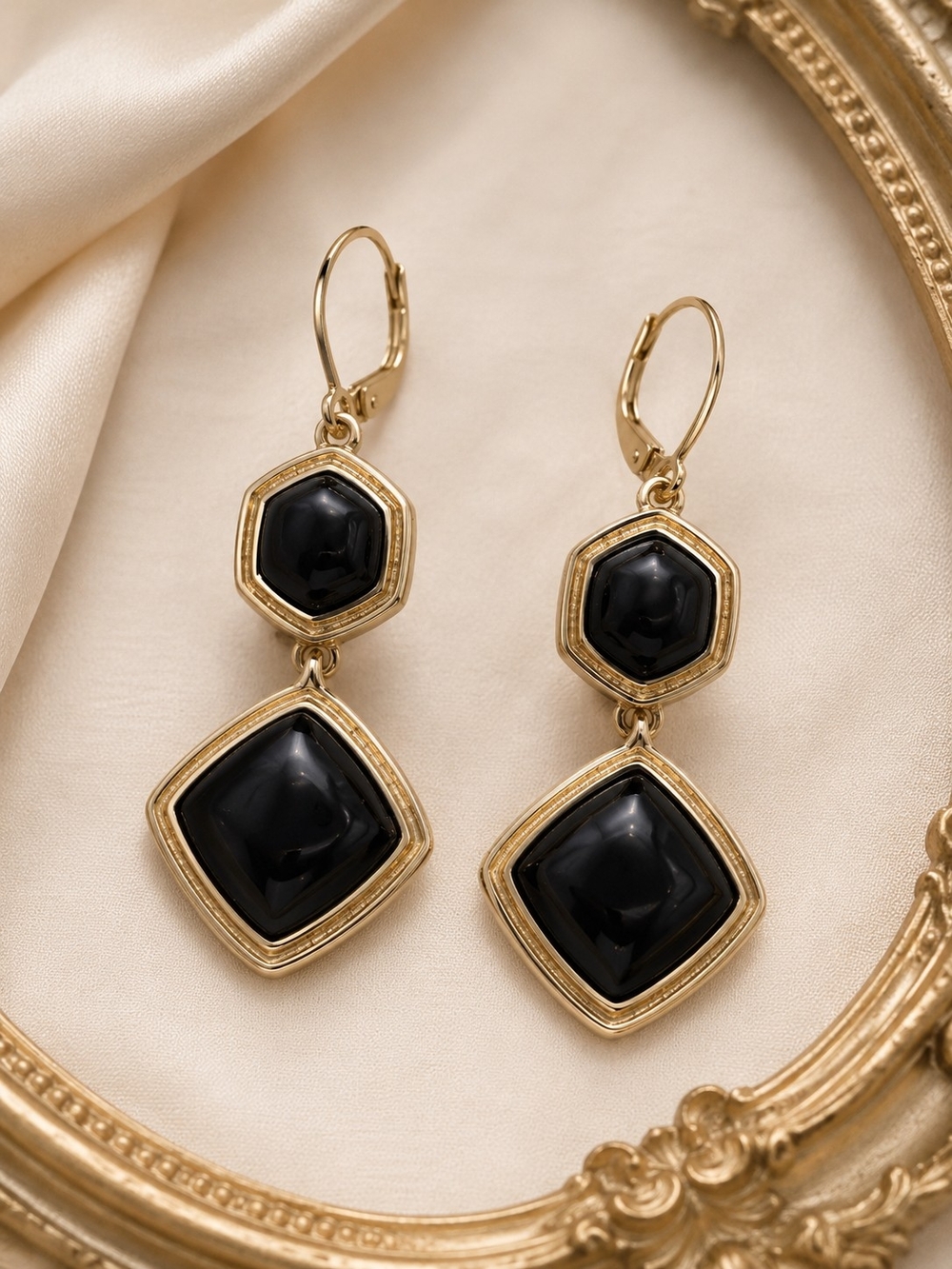 Monet Black Gold Tone Geometric Drop Earrings NWT Leverback Statement Minimalist
